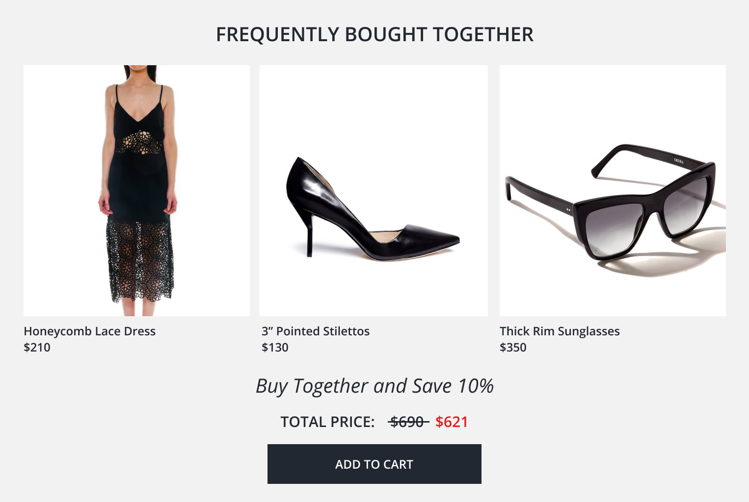 Frequently bought together bundle that shows a honeycomb lace dress, black heels, and black sunglasses. There's a 10% discount if bought together.