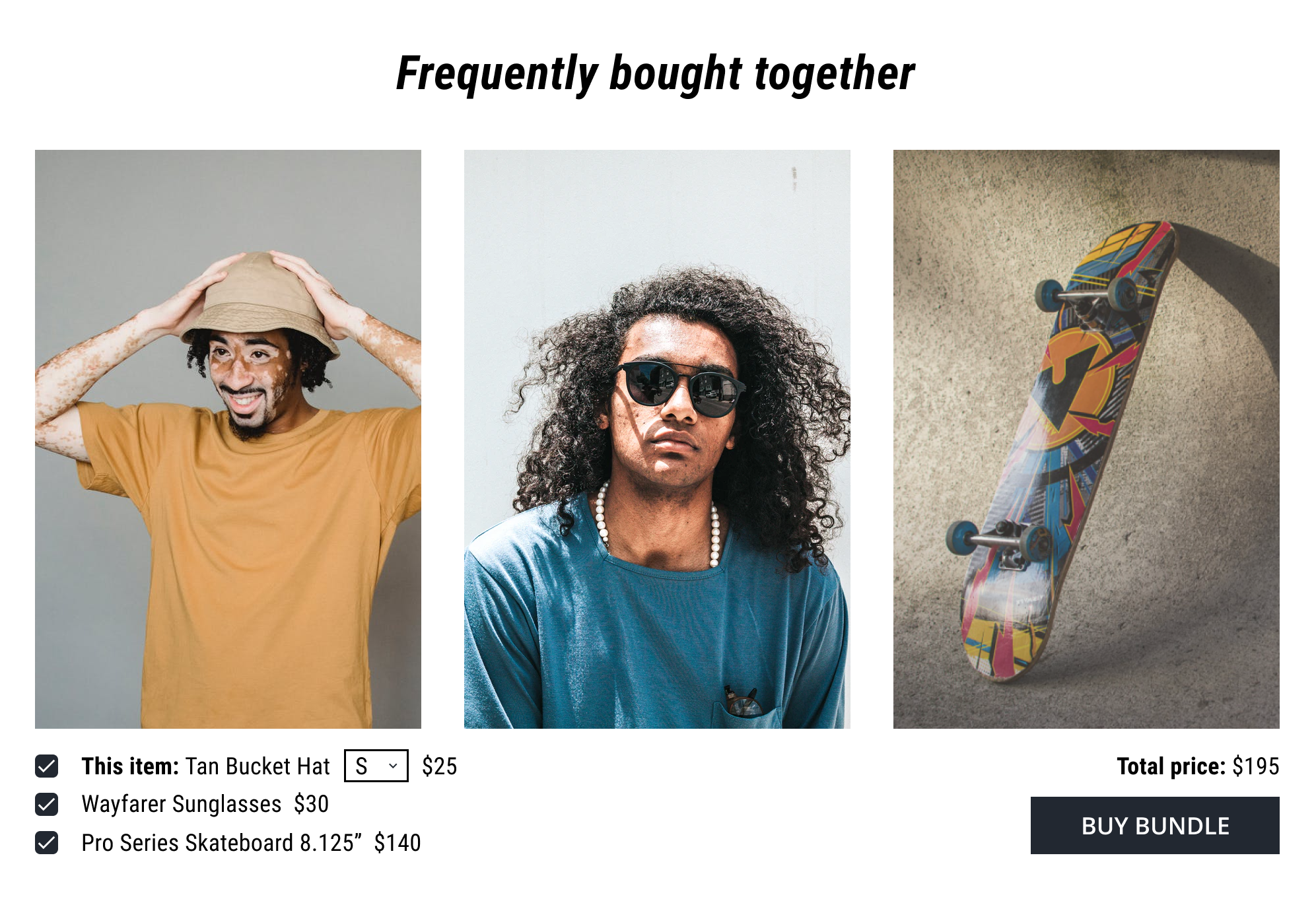Frequently bought together, tan bucket hat, wayfarer sunglasses and a skateboard.