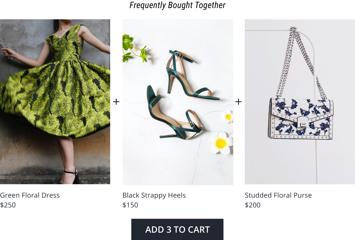 Frequently bought together bundle that consists of a green floral dress, black strappy heels and studded floral purse.