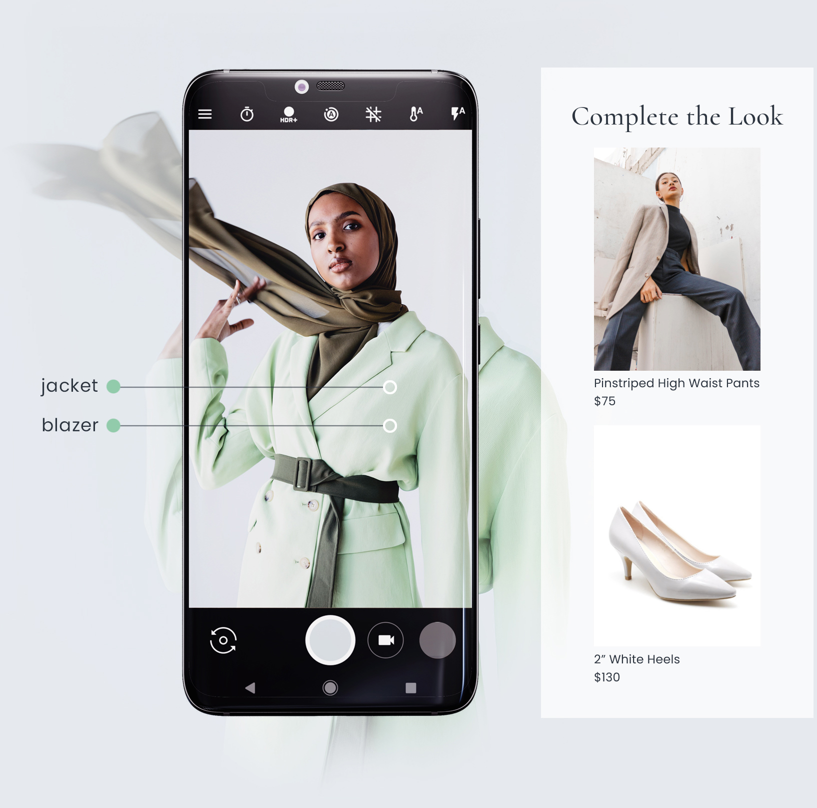 A woman is wearing an oliver silk head scarf with a light green blazer. Her clothing is detected as jacket and blazer. The AI Stylist recommends pinstriped high waist pants and 2 inch white heels to complete the look.