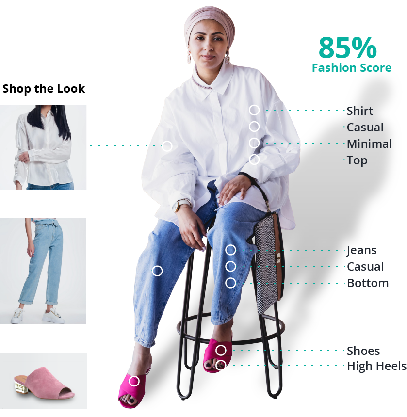 A woman sitting on a stool. Her clothing is detected from the AI system which generates similar items that the user can purchase. Her outfit is also has a fashion score of 85%.