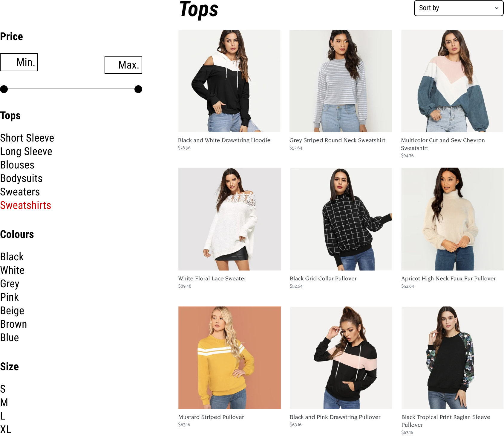Search result for tops. On the left are filters which shows that sweatshirts are selected.