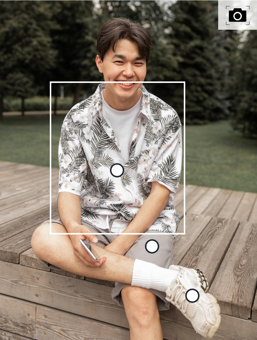 An image of a man wearing a Hawaiian shirt, shorts and sneakers. The three items are identified and the shirt is selected.