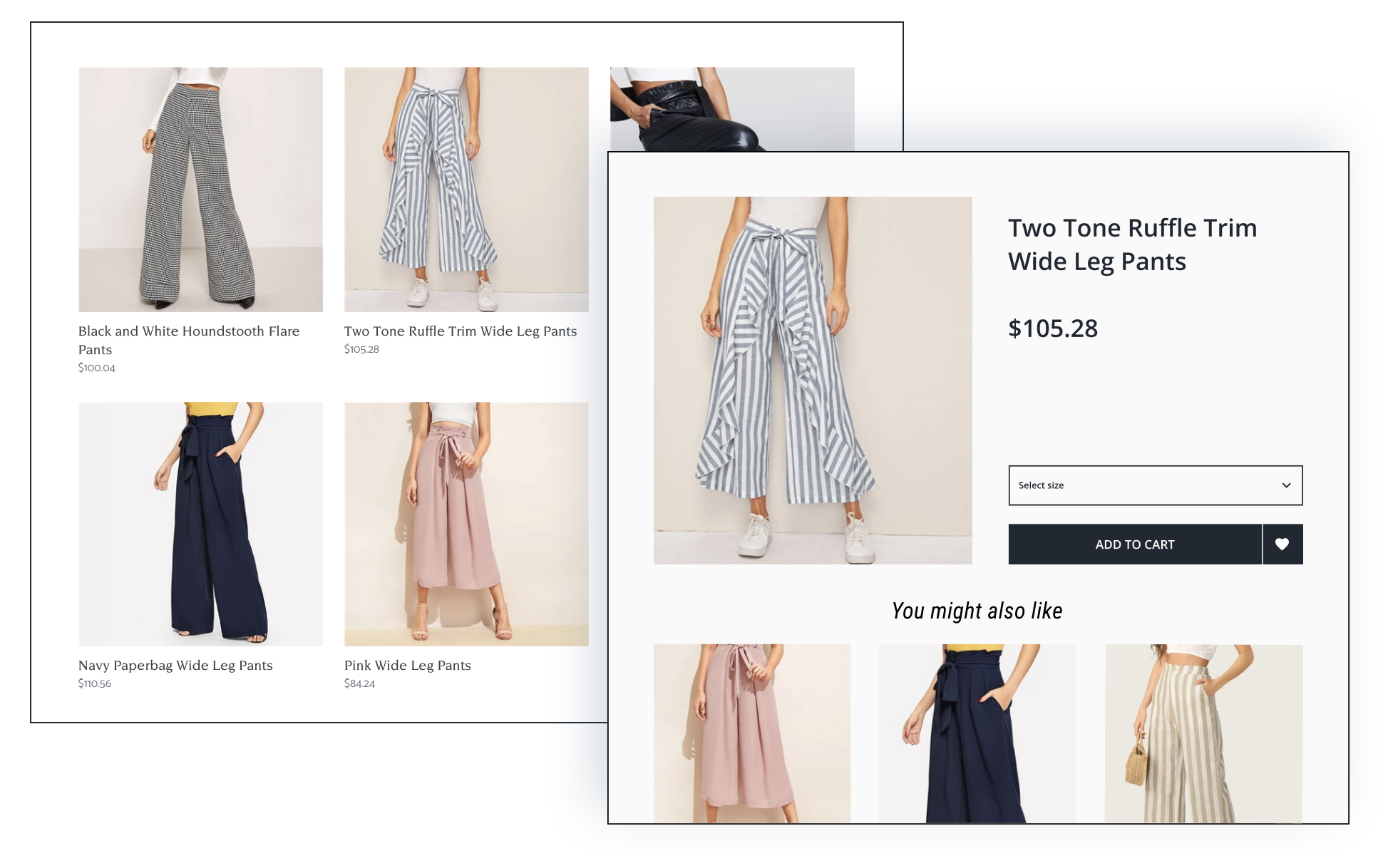 Product page and product detail page of a pair of ruffle wide leg pants, there are three similar suggestions.