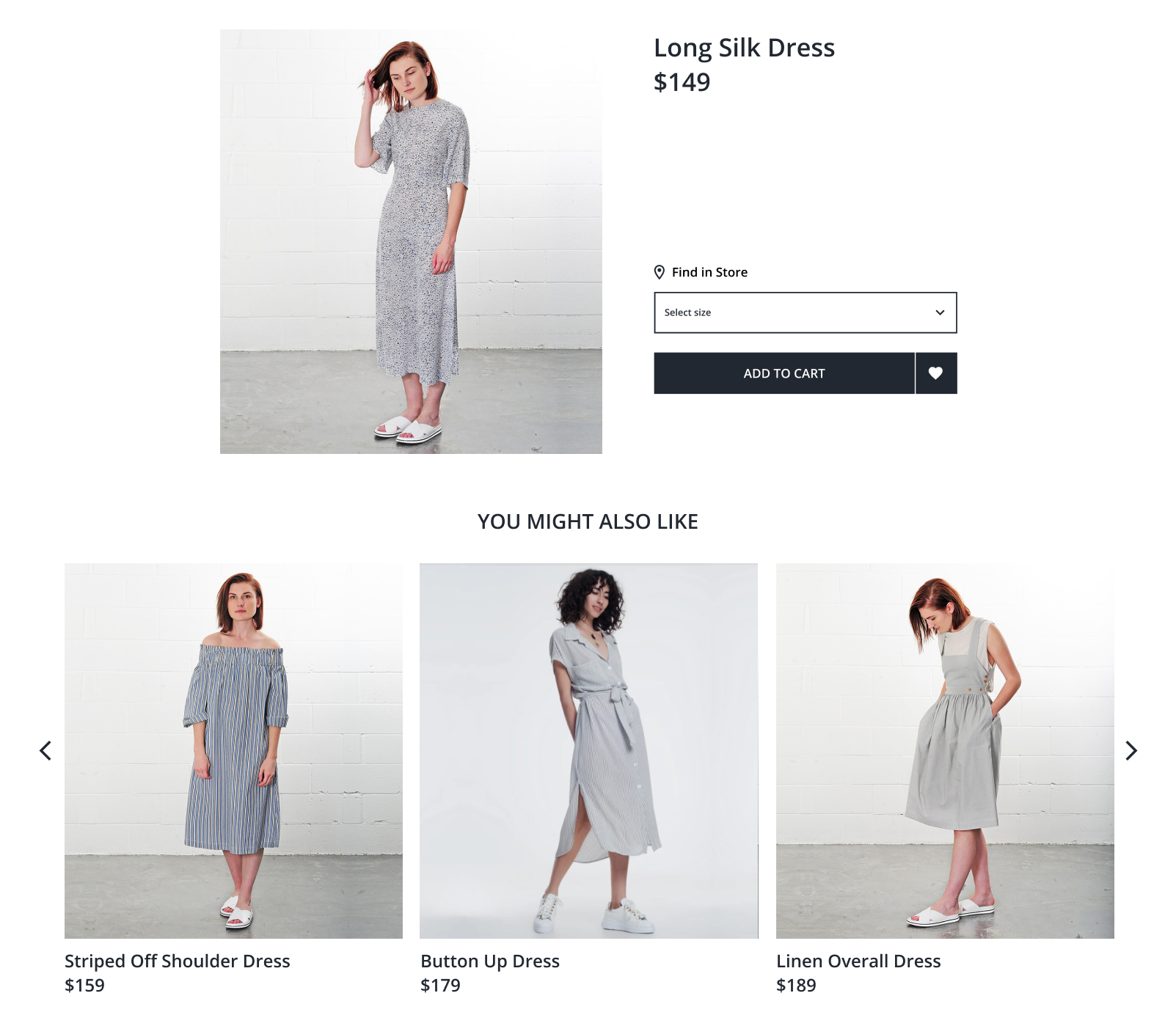 On the product detail page of a long silk dress, 3 other dresses are recommended in the "You Might Also Like" section.