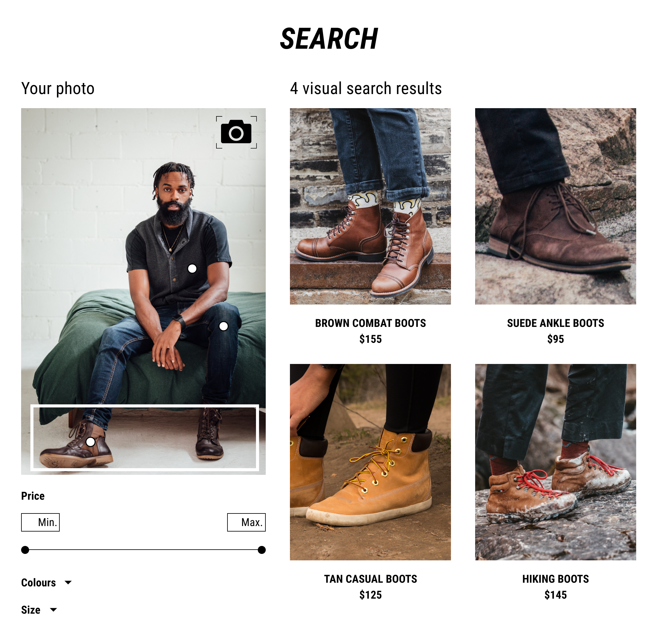 Visual search results. On the left, it shows the image that the customer uploaded. Top, bottom and shoes are identified. The customer is able to filter the price range, colours and size. On the right shows 4 visual search results of boots similar to the uploaded image.